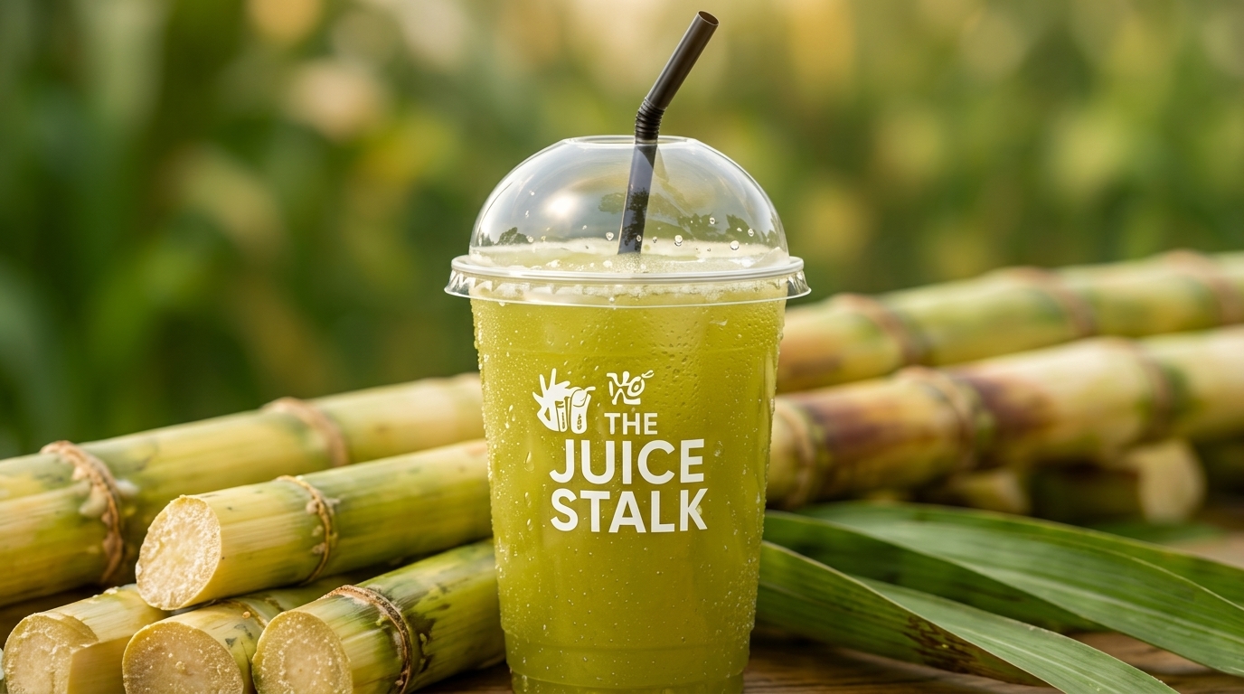 The Juice Stalk fresh sugarcane juice in takeaway cup with stalks